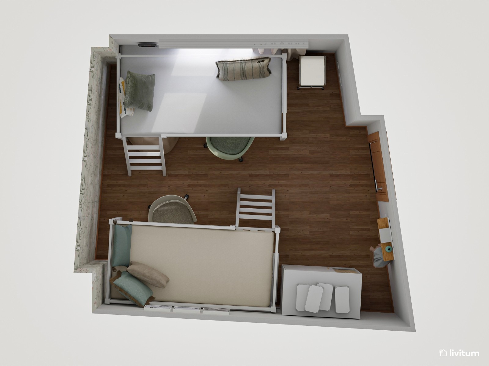 Dormitorio juvenil de 10 m² para dos personas con literas y escritorios