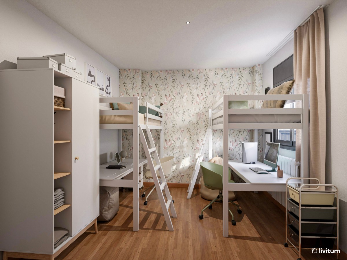 Dormitorio juvenil de 10 m² para dos personas con literas y escritorios