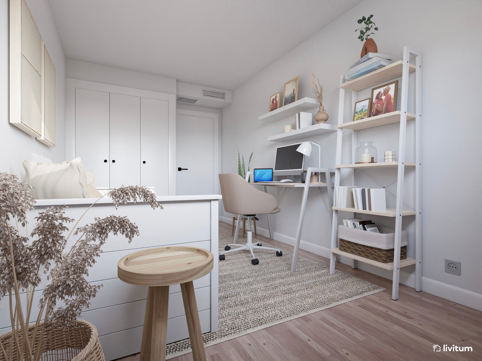 Dormitorio juvenil en blanco con toques tierra