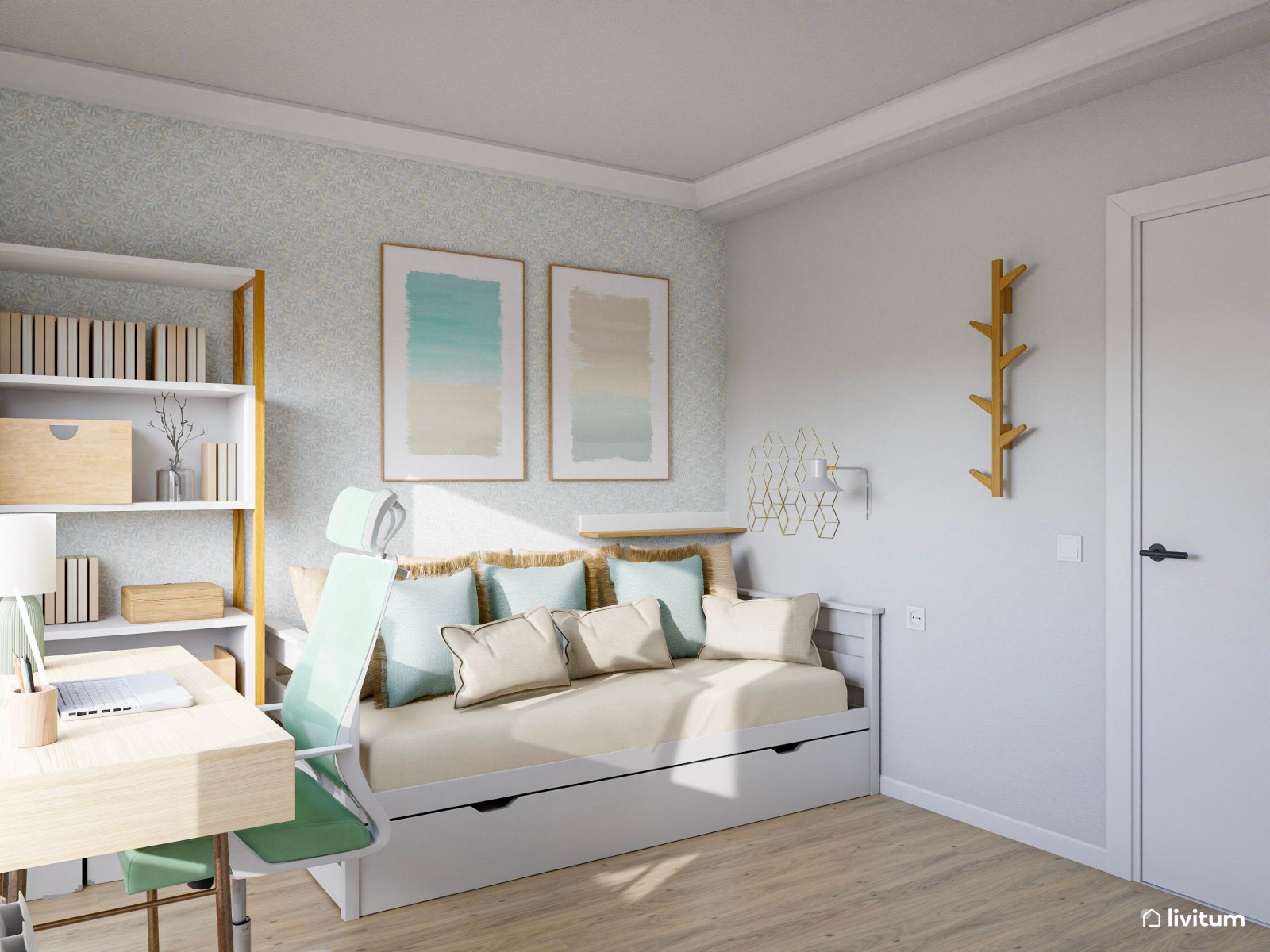 Dormitorio juvenil en blanco, turquesa y verde agua