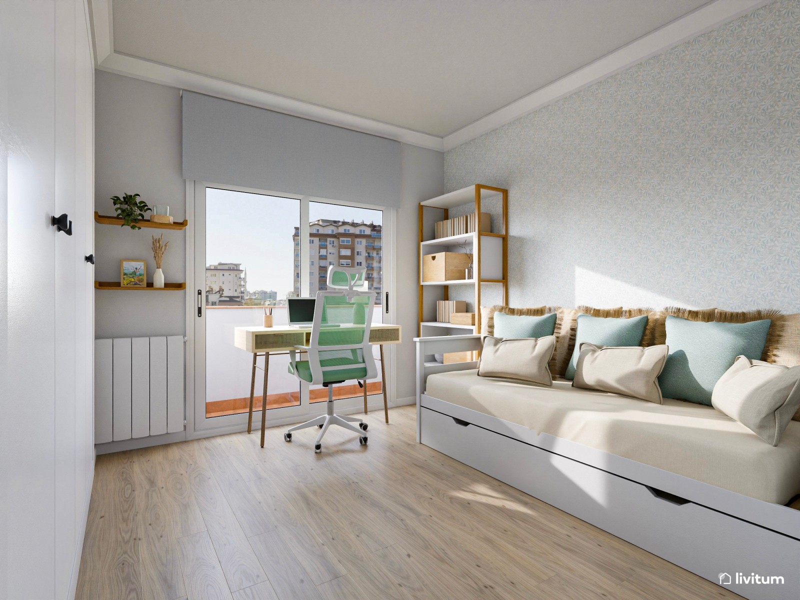 Dormitorio juvenil en blanco, turquesa y verde agua