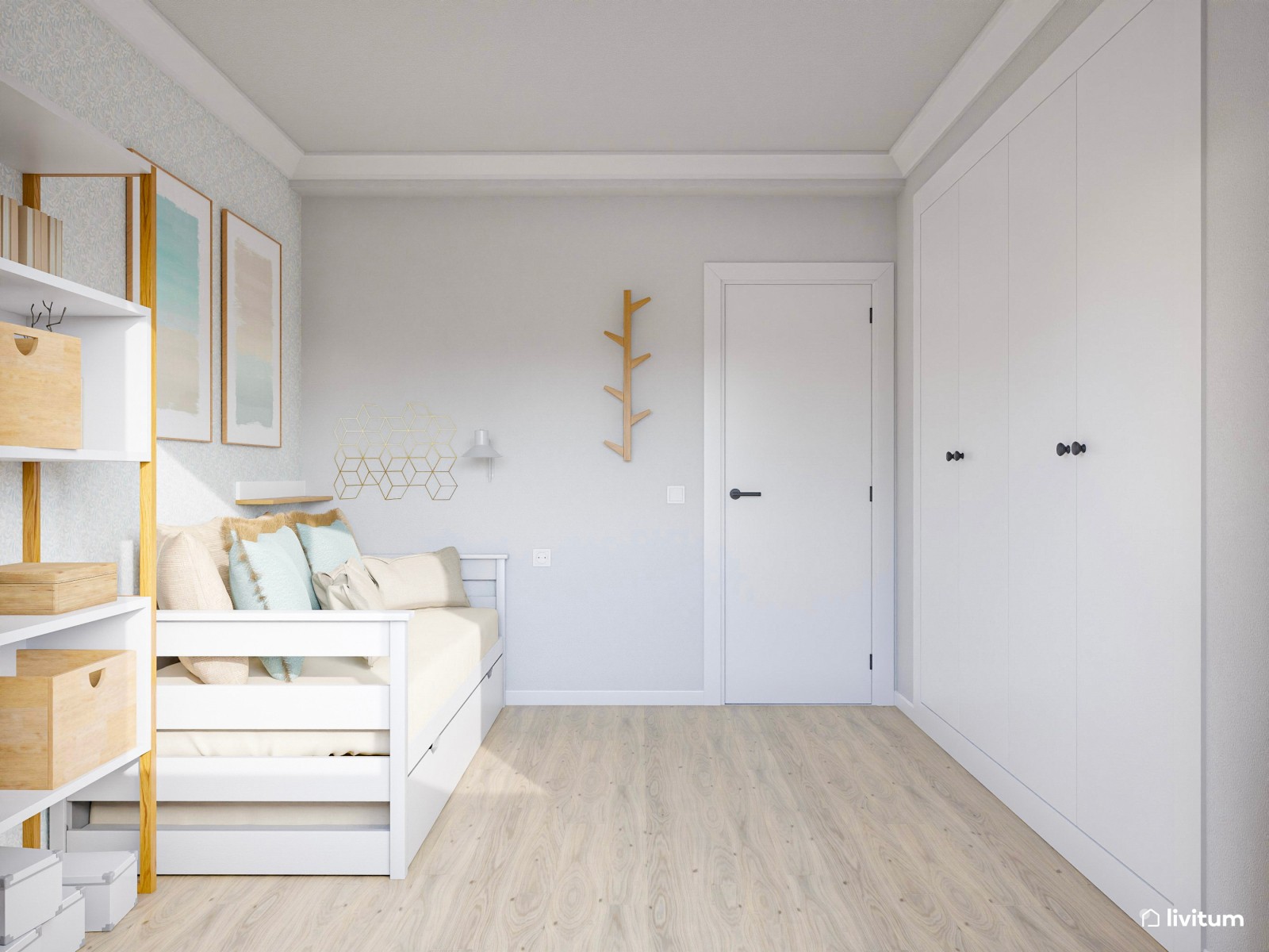 Dormitorio juvenil en blanco, turquesa y verde agua