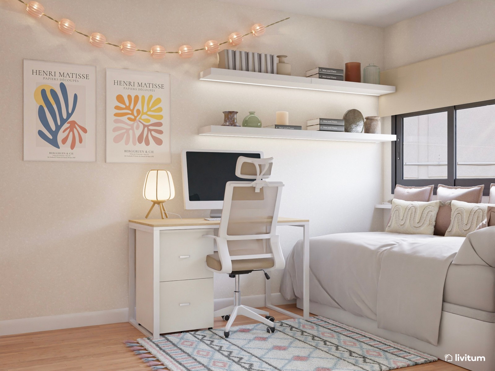 Dormitorio juvenil en tonos tierra con listones de madera