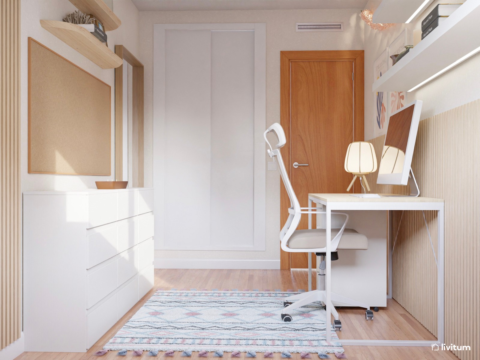 Dormitorio juvenil en tonos tierra con listones de madera