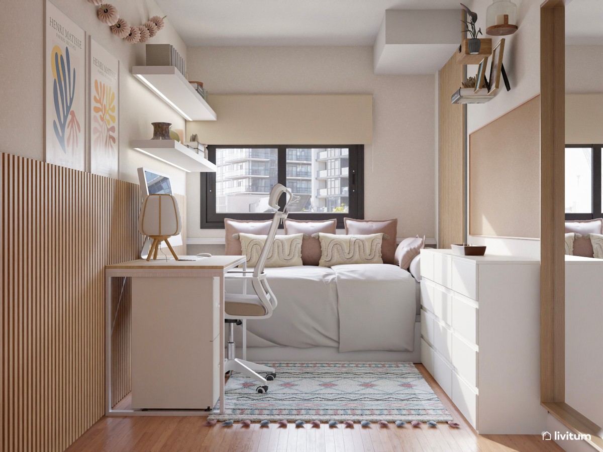 Dormitorio juvenil en tonos tierra con listones de madera