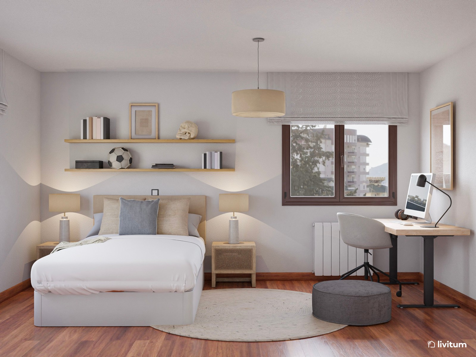Dormitorio juvenil moderno con zona de escritorio