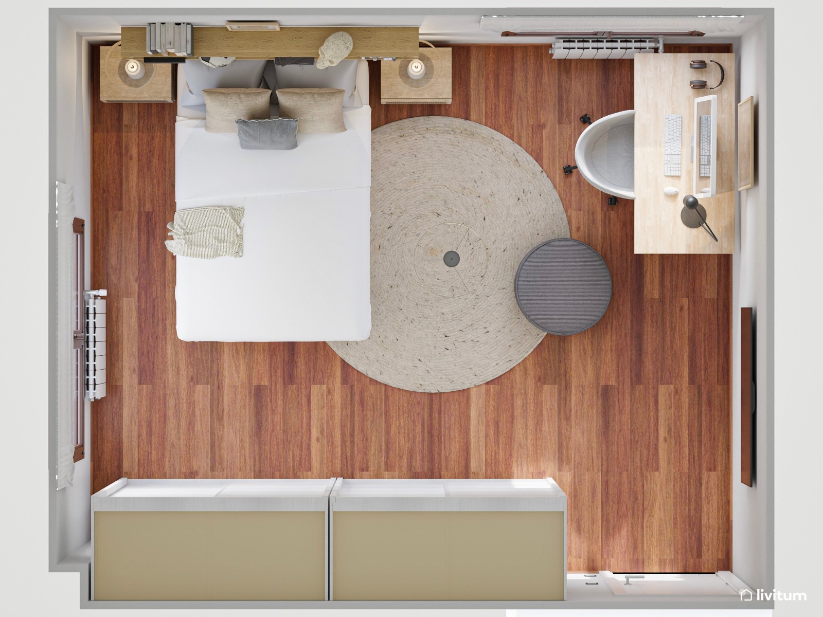 Dormitorio juvenil moderno con zona de escritorio