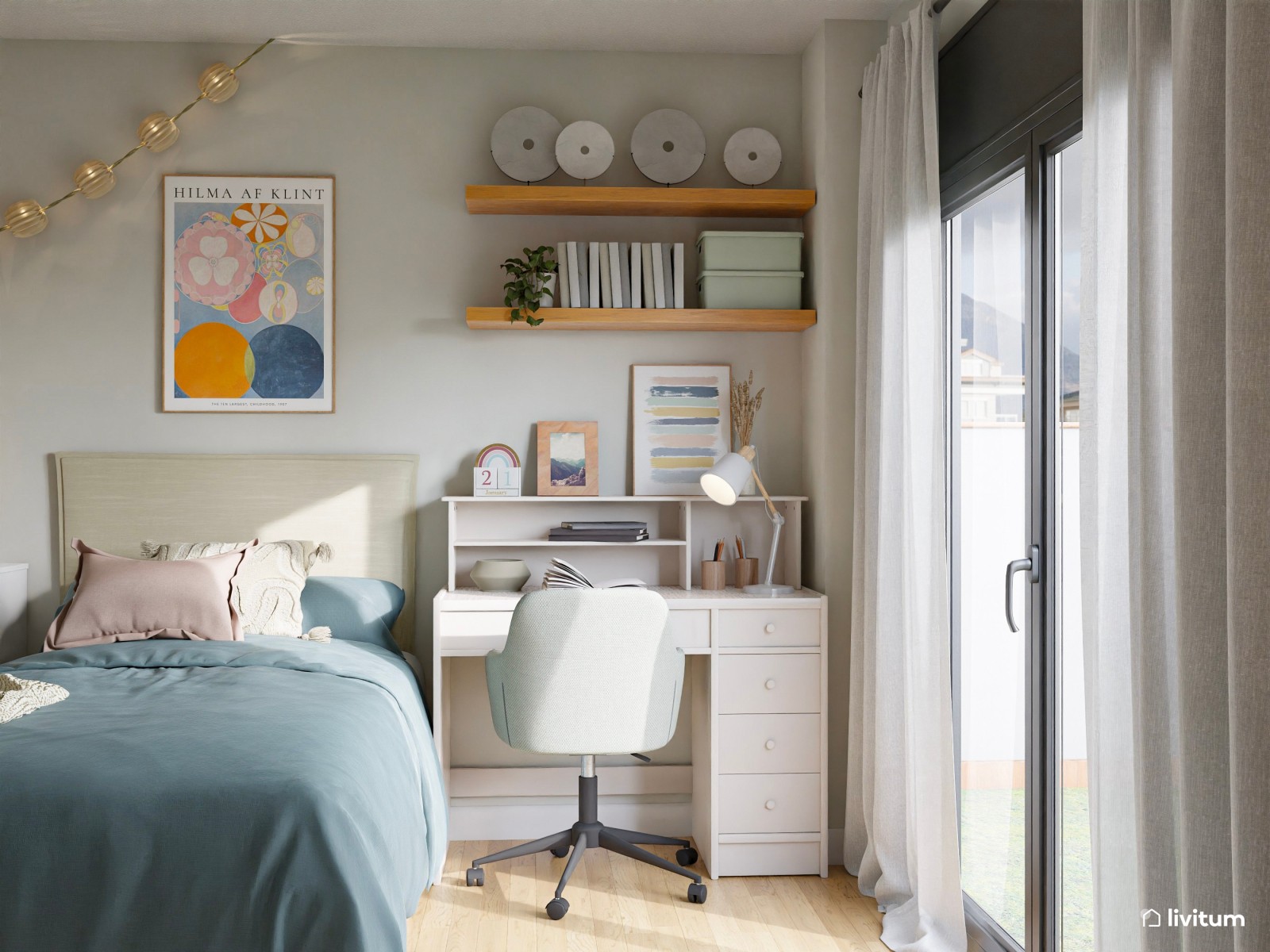 Dormitorio juvenil nórdico con papel pintado a rayas y guirnalda de luces