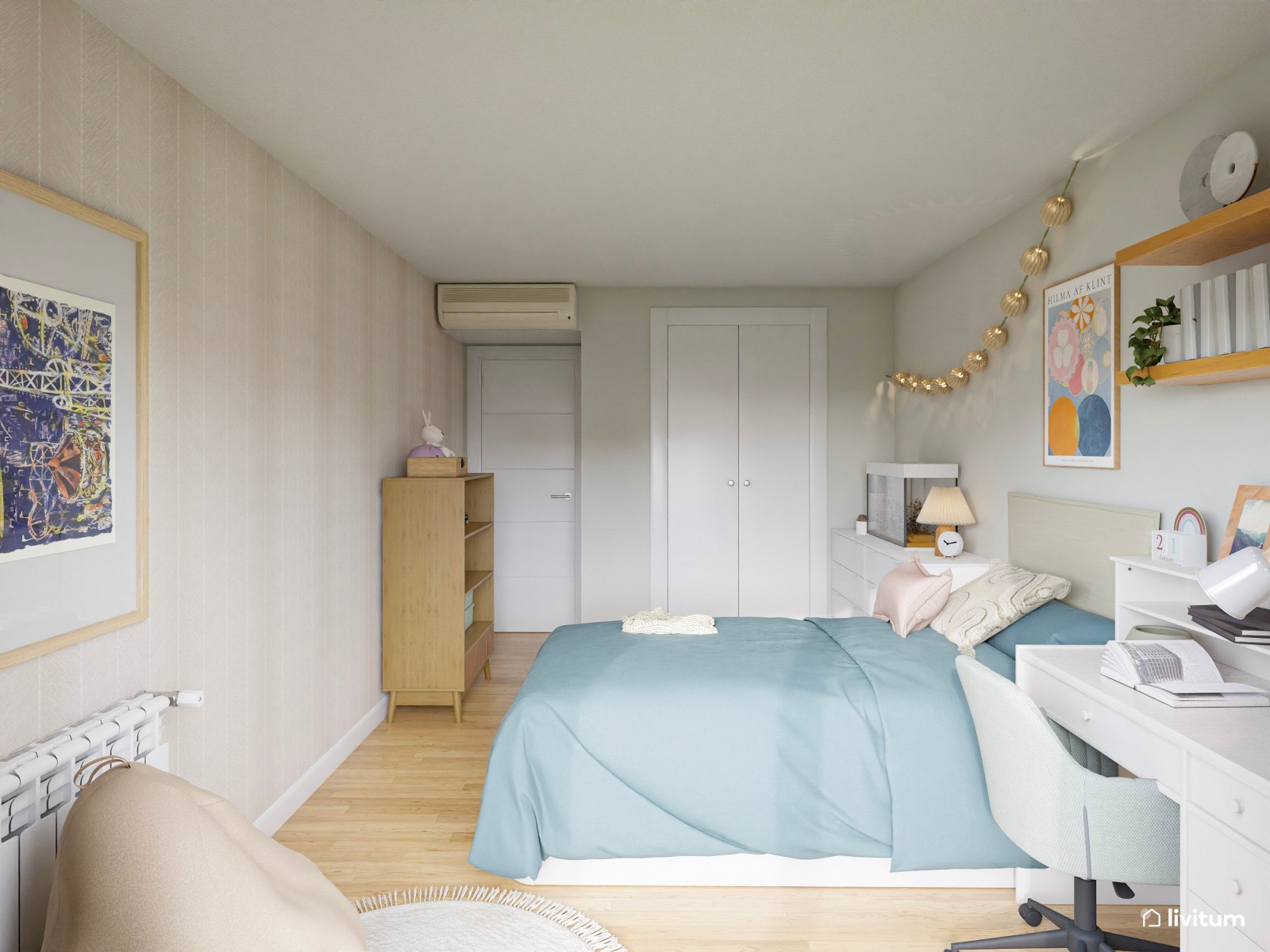 Dormitorio juvenil nórdico con papel pintado a rayas y guirnalda de luces