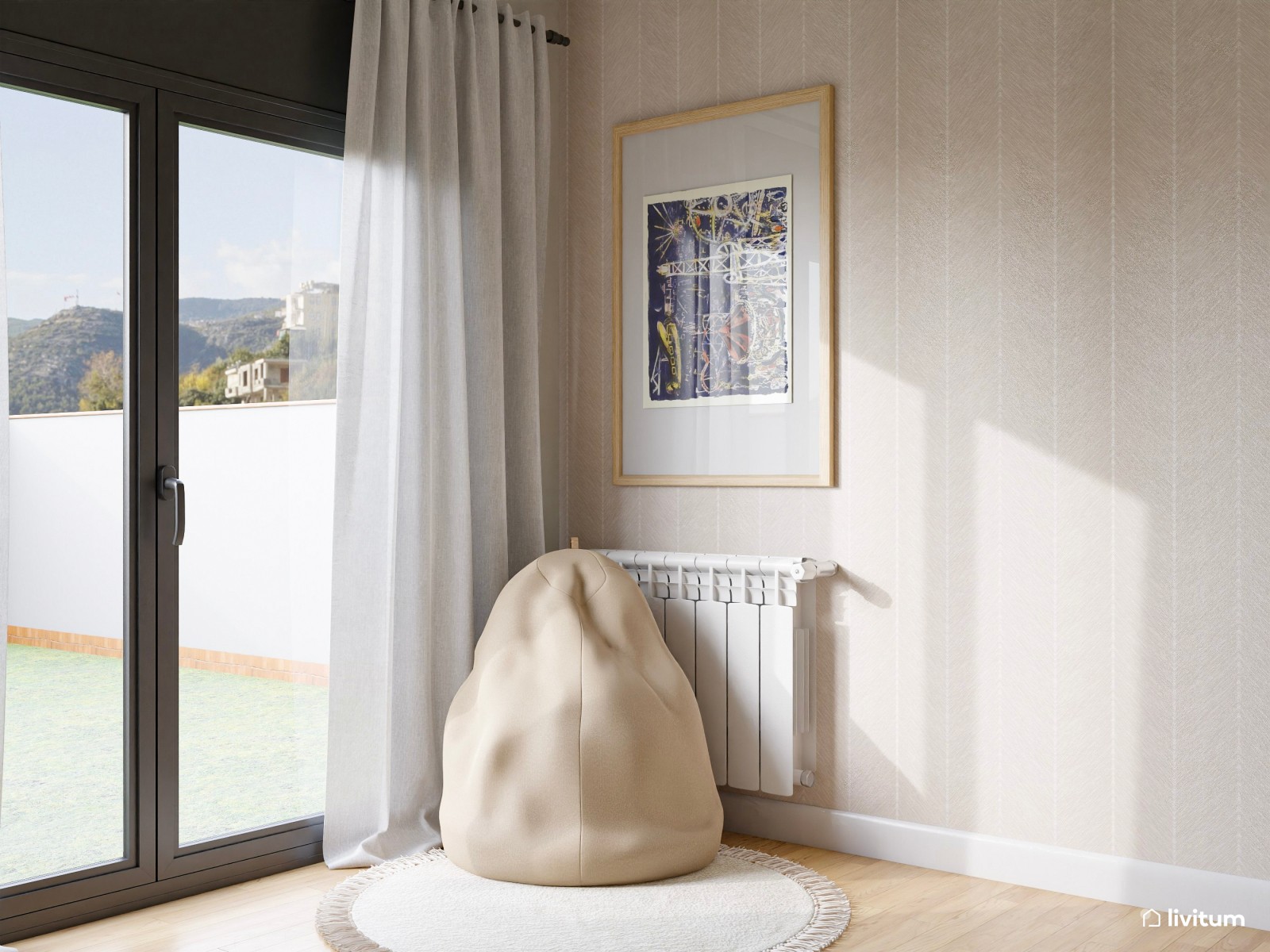 Dormitorio juvenil nórdico con papel pintado a rayas y guirnalda de luces