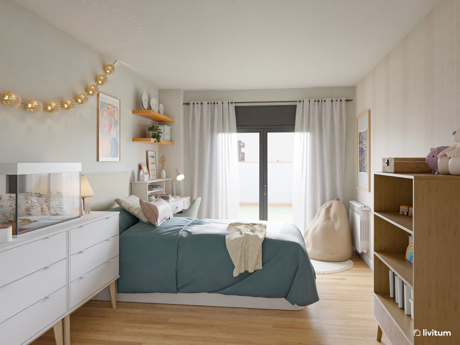 Dormitorio juvenil nórdico con papel pintado a rayas y guirnalda de luces