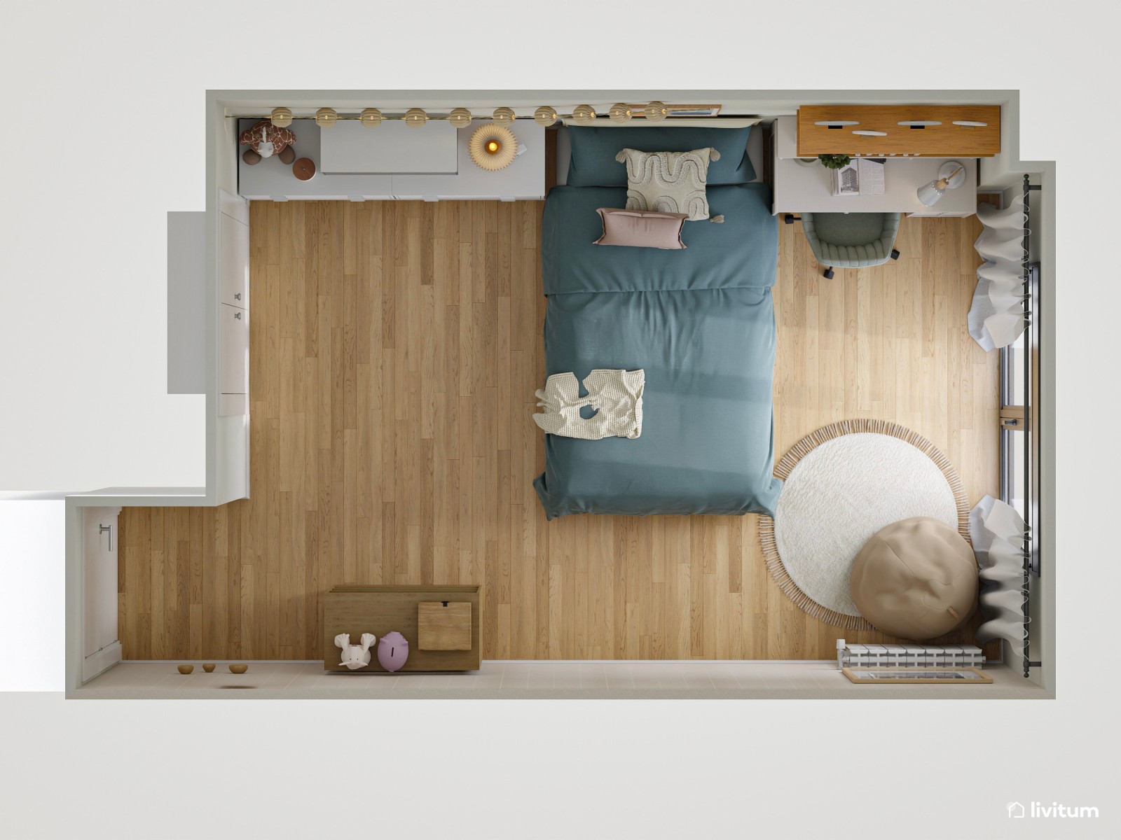 Dormitorio juvenil nórdico con papel pintado a rayas y guirnalda de luces