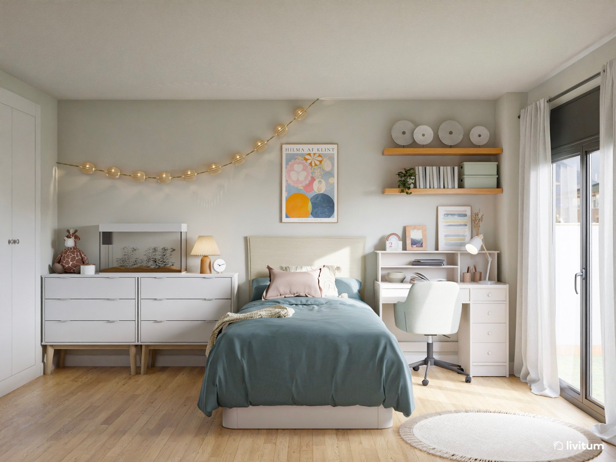 Dormitorio juvenil nórdico con papel pintado a rayas y guirnalda de luces