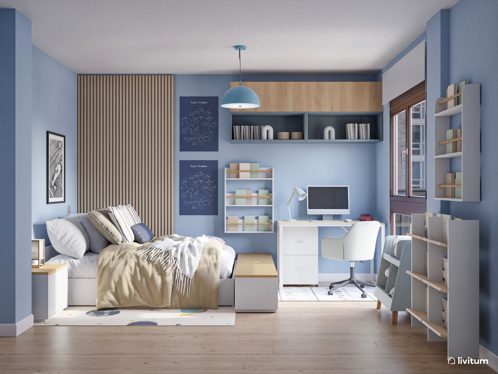 Dormitorio juvenil nórdico en tonos celestes 