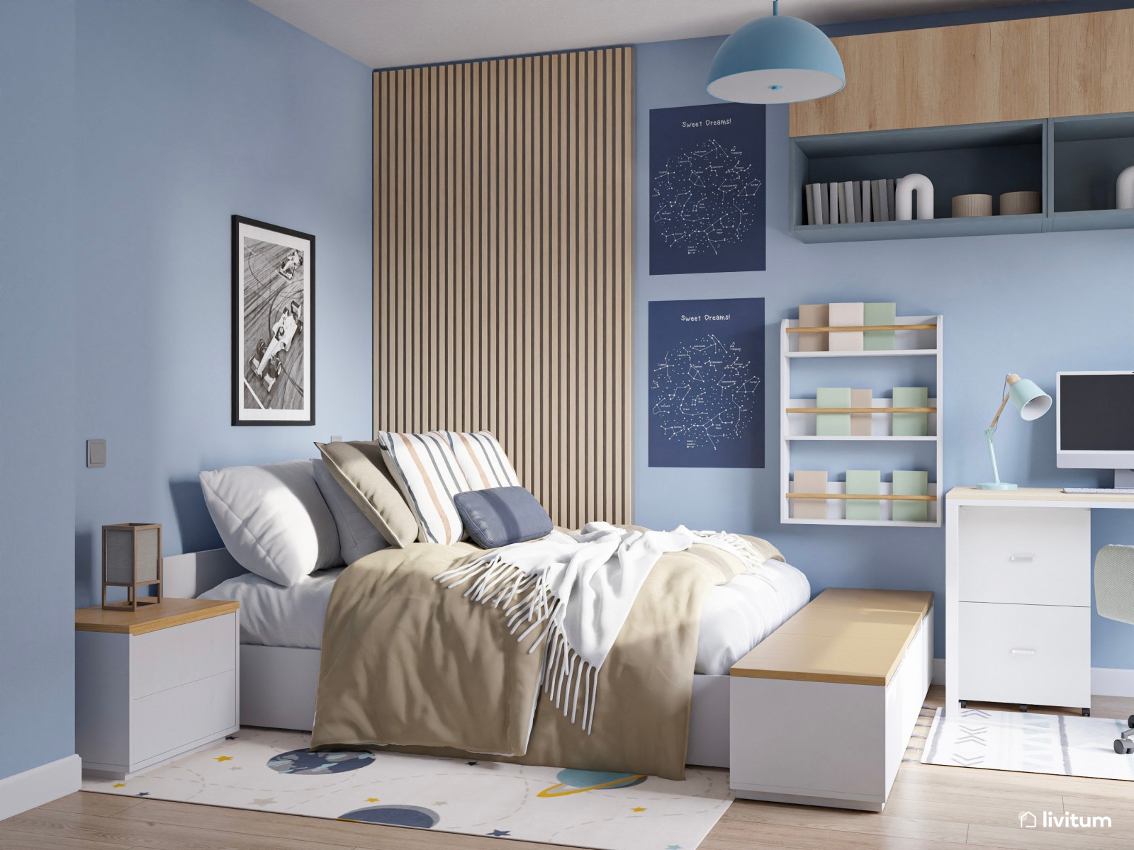 Dormitorio juvenil nórdico en tonos celestes 