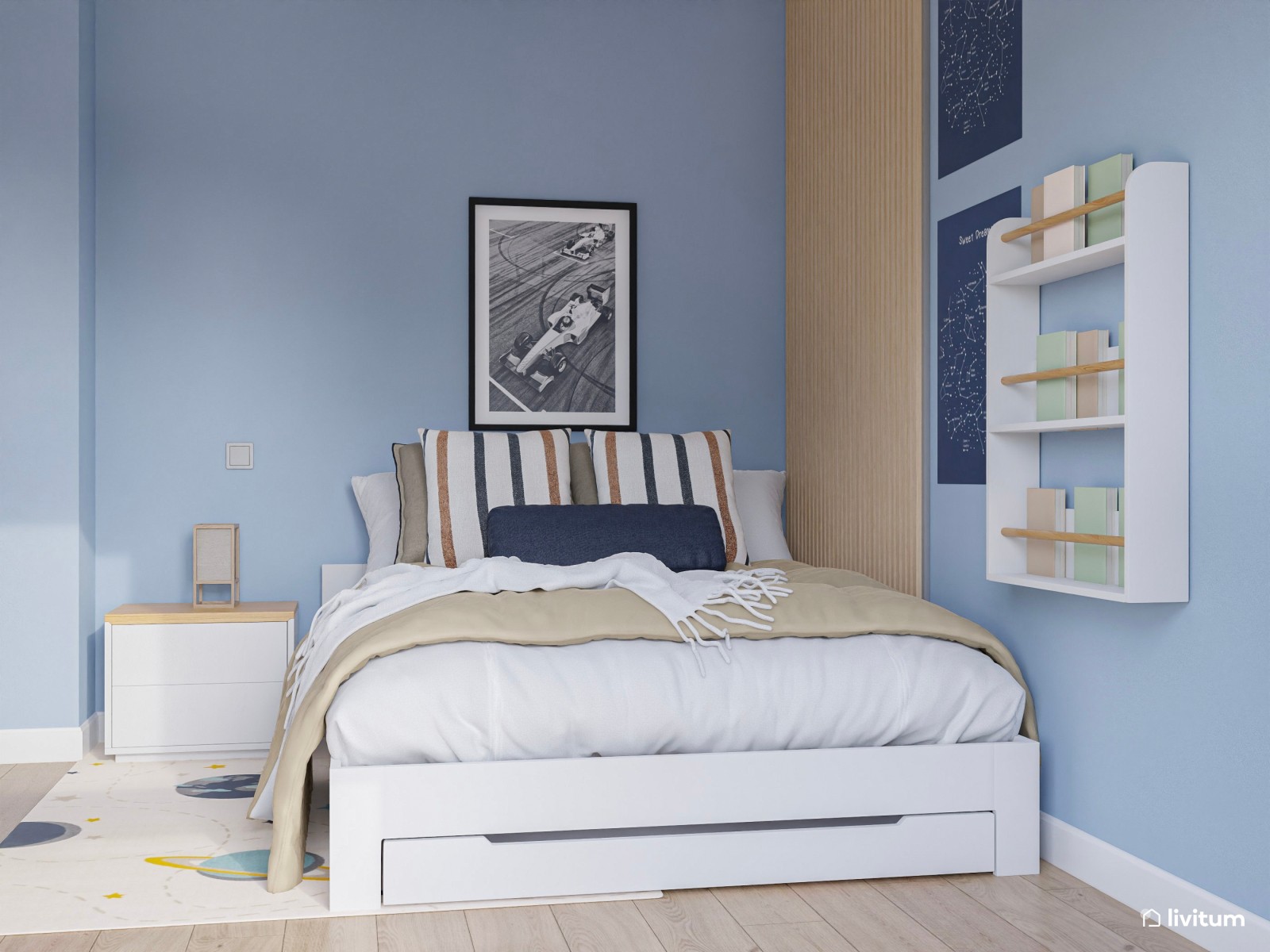 Dormitorio juvenil nórdico en tonos celestes 