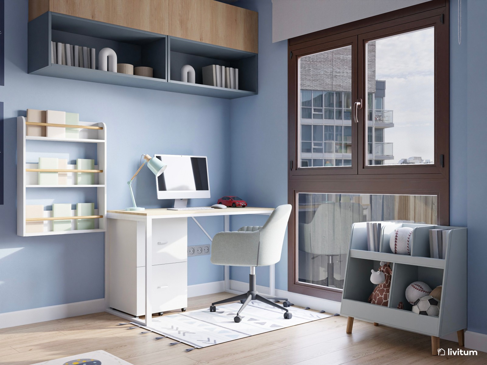 Dormitorio juvenil nórdico en tonos celestes 