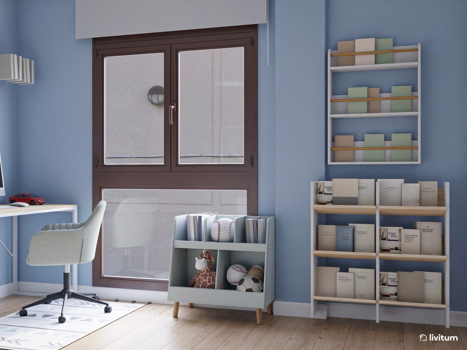 Dormitorio juvenil nórdico en tonos celestes 