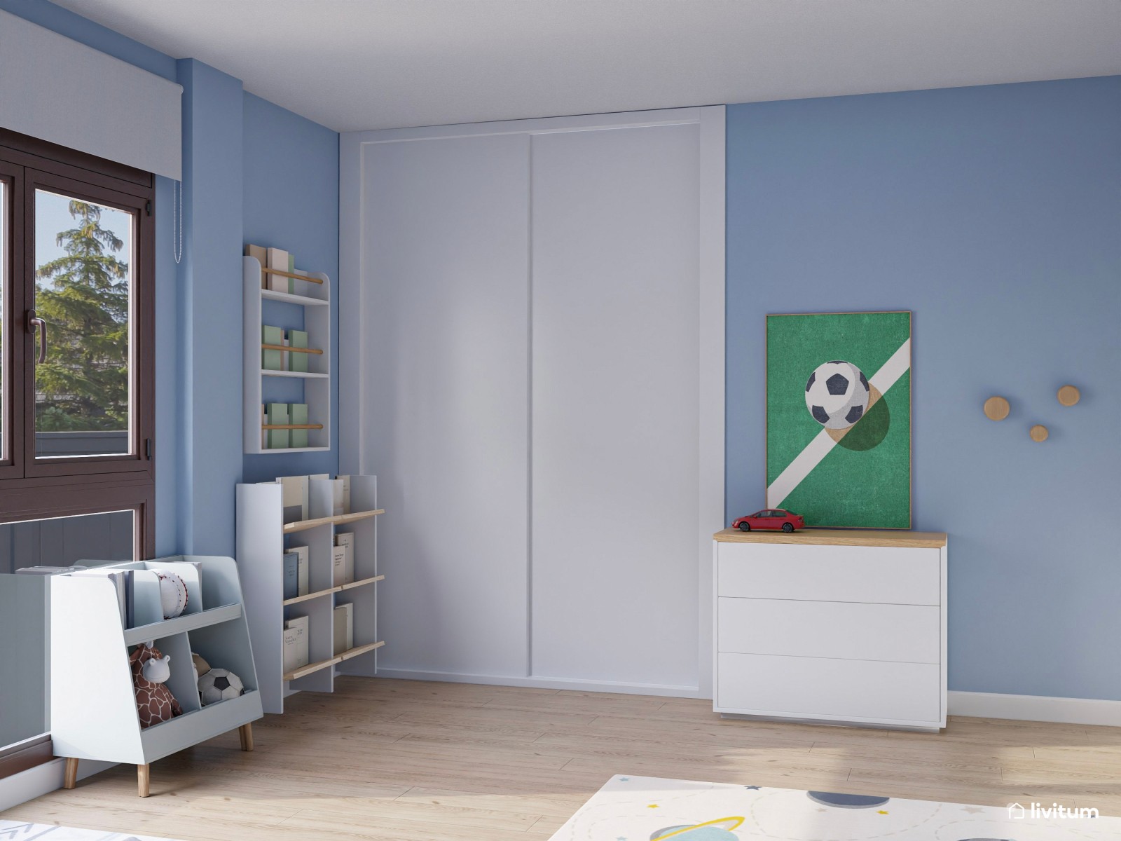 Dormitorio juvenil nórdico en tonos celestes 