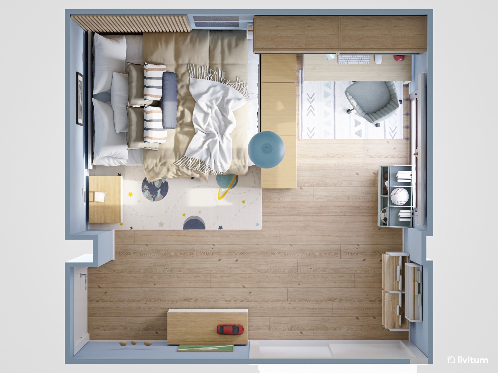 Dormitorio juvenil nórdico en tonos celestes 