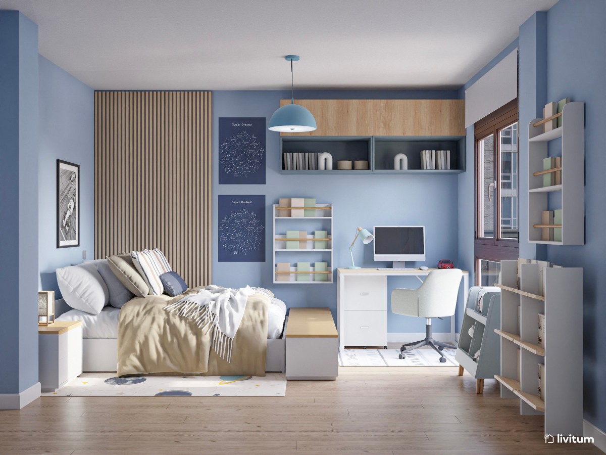 Dormitorio juvenil nórdico en tonos celestes