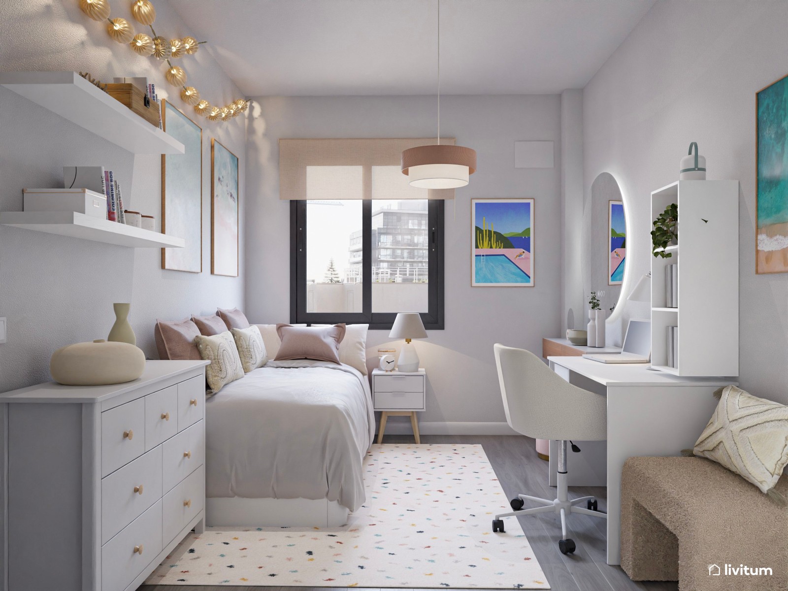  Dormitorio juvenil Total White con acentos en rosa empolvado