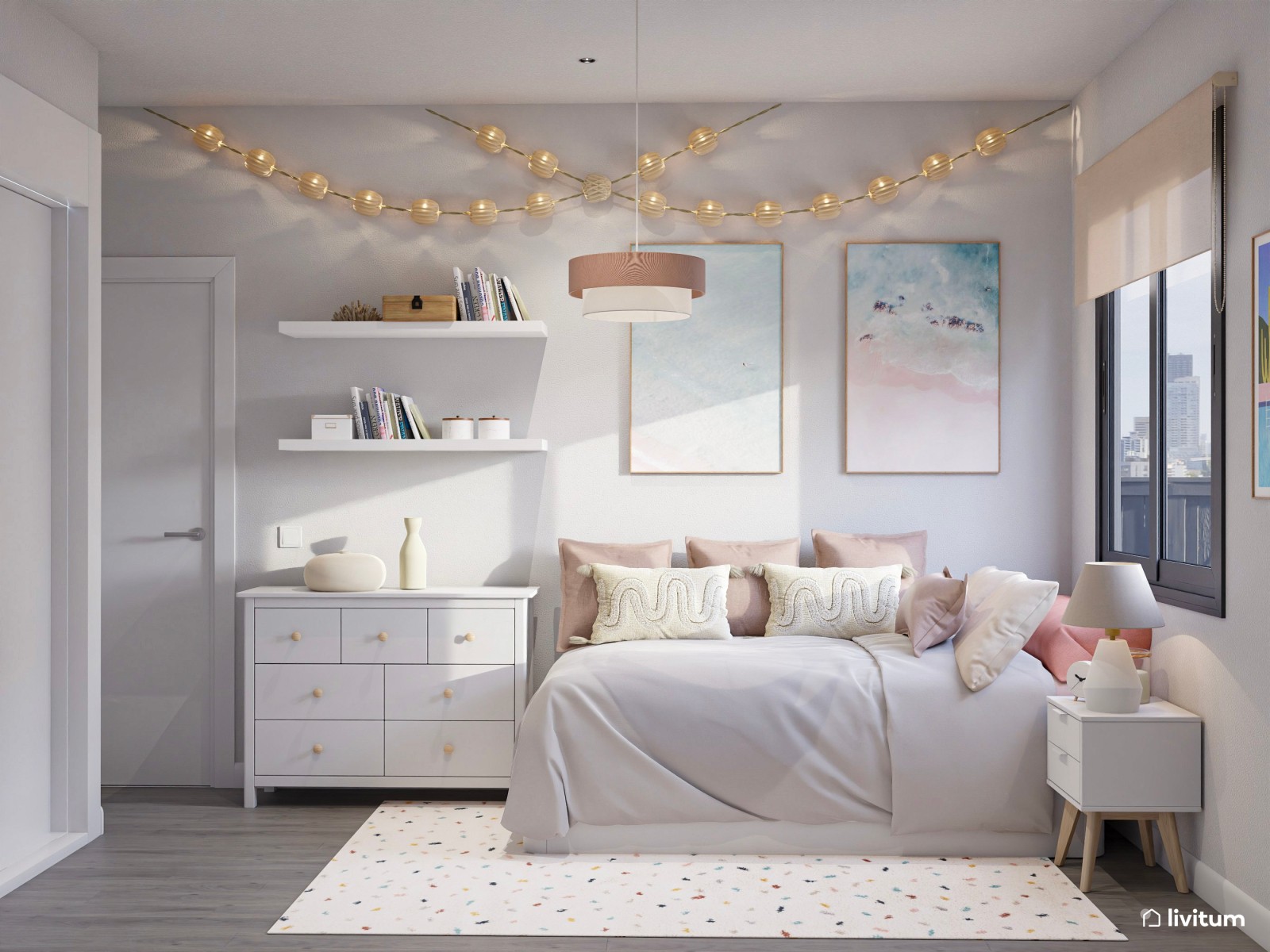  Dormitorio juvenil Total White con acentos en rosa empolvado