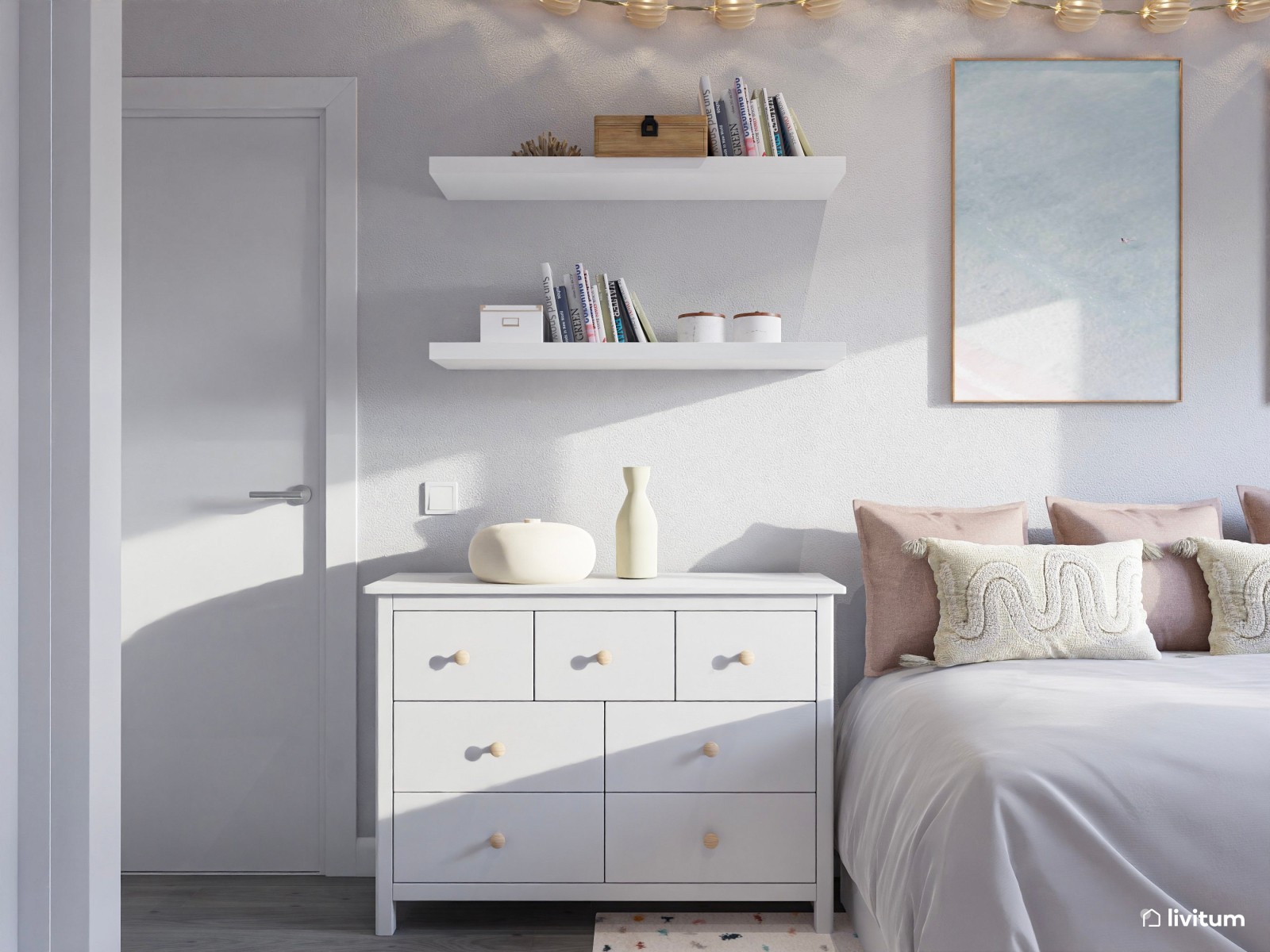  Dormitorio juvenil Total White con acentos en rosa empolvado