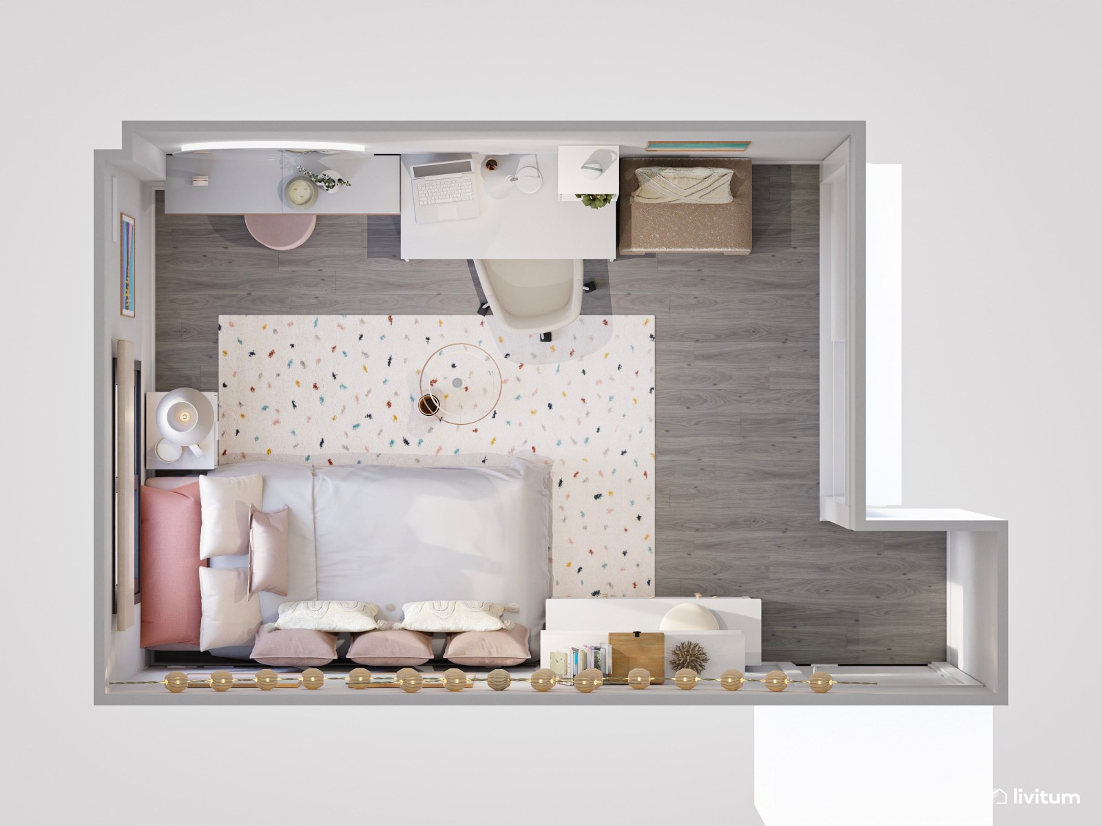  Dormitorio juvenil Total White con acentos en rosa empolvado