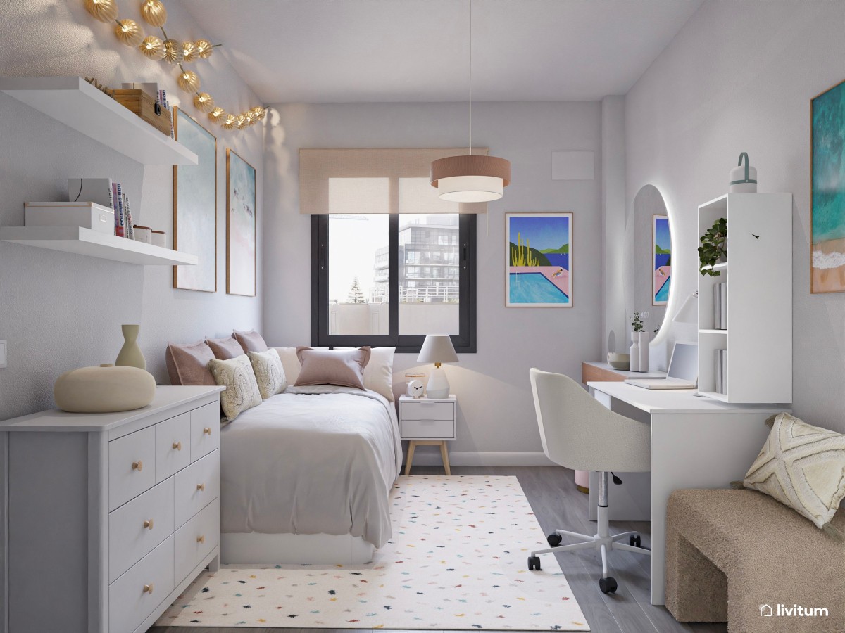 Dormitorio juvenil Total White con acentos en rosa empolvado