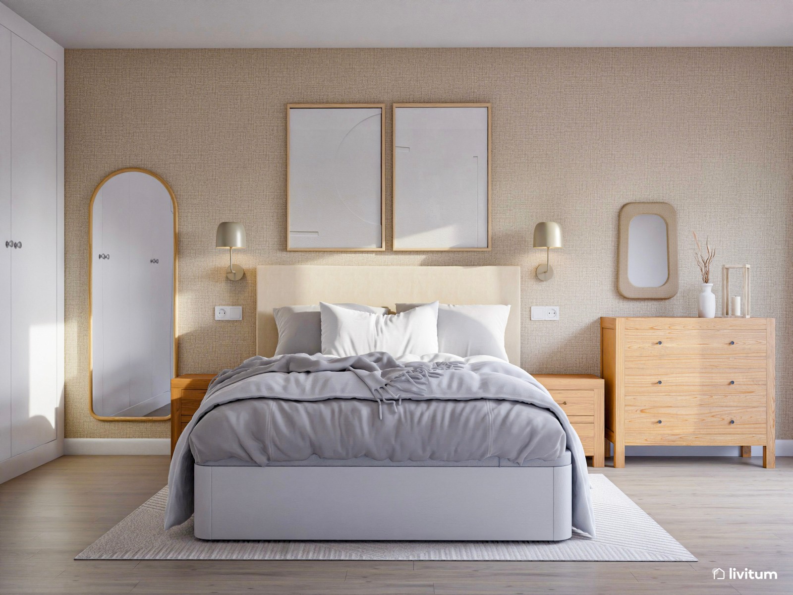 Dormitorio luminoso y elegante con decoración en tonos suaves