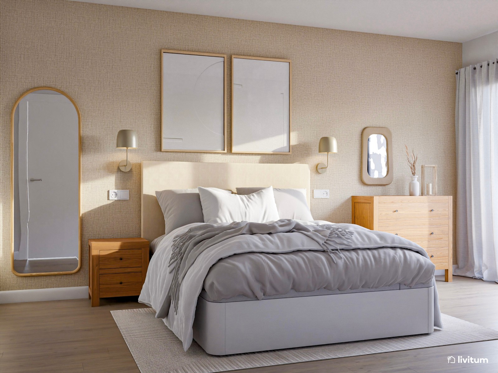 Dormitorio luminoso y elegante con decoración en tonos suaves