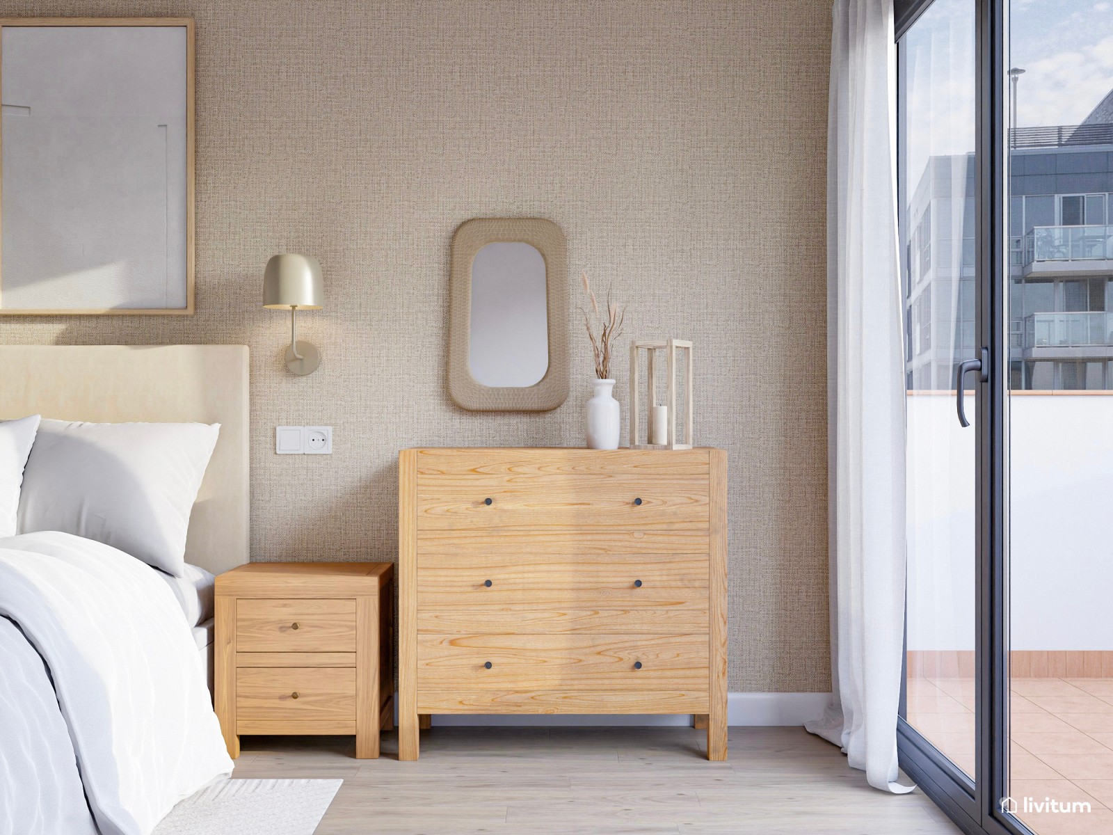 Dormitorio luminoso y elegante con decoración en tonos suaves