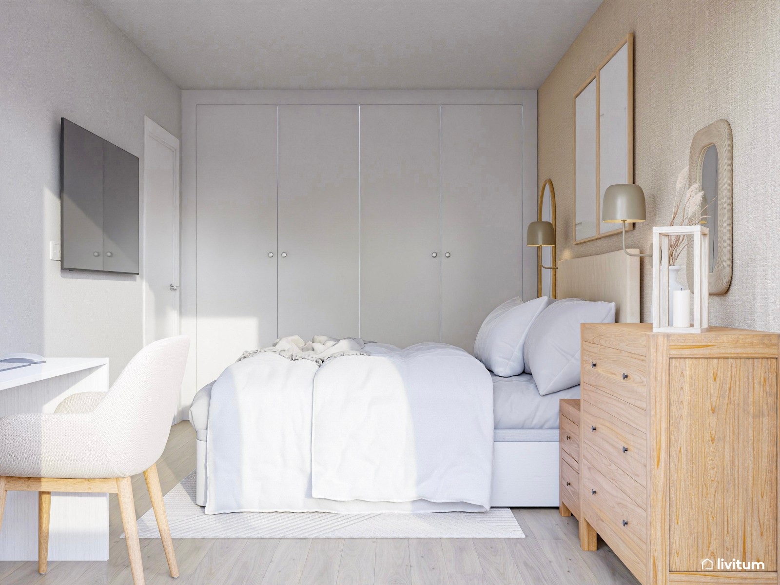 Dormitorio luminoso y elegante con decoración en tonos suaves