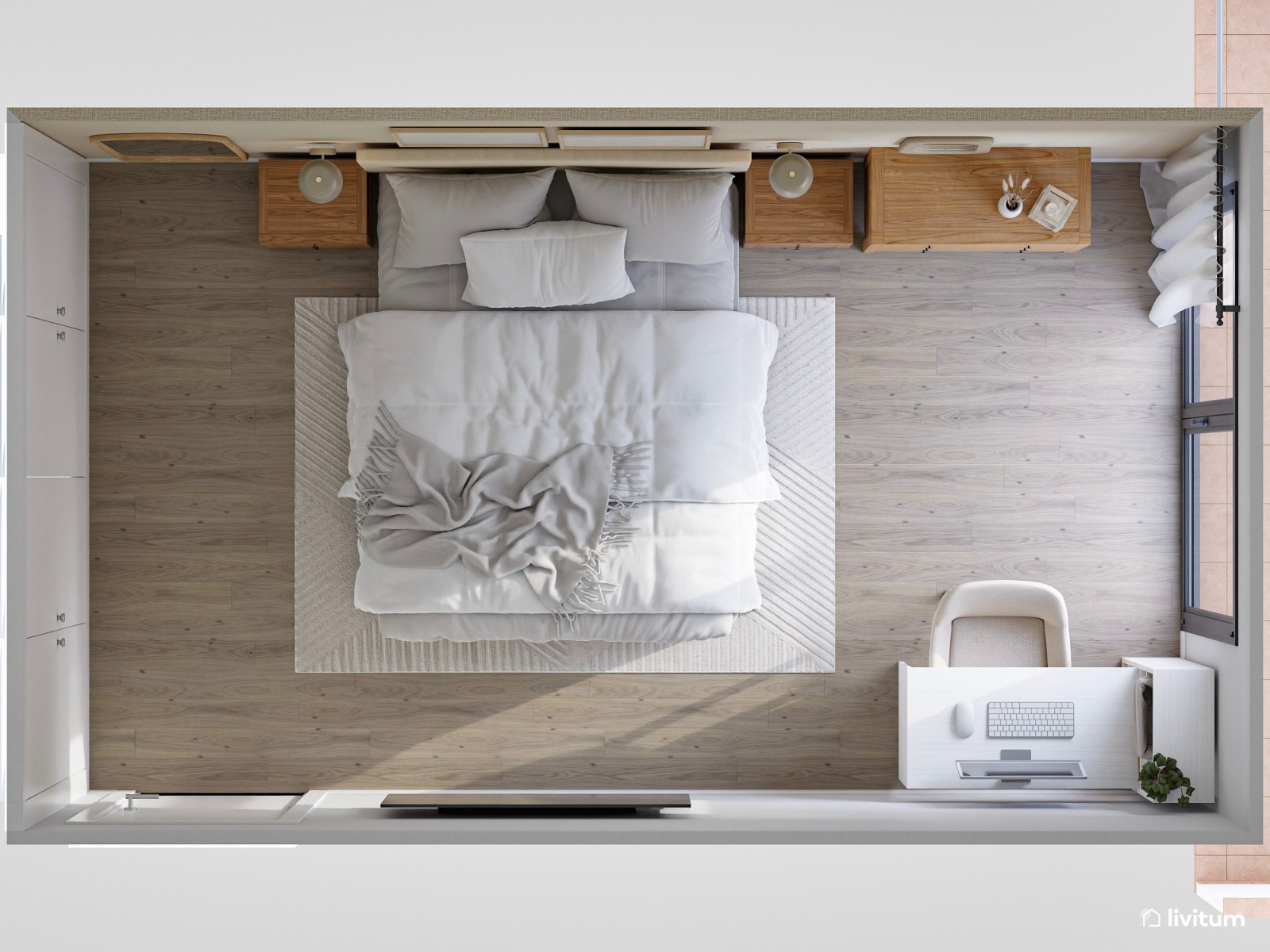 Dormitorio luminoso y elegante con decoración en tonos suaves
