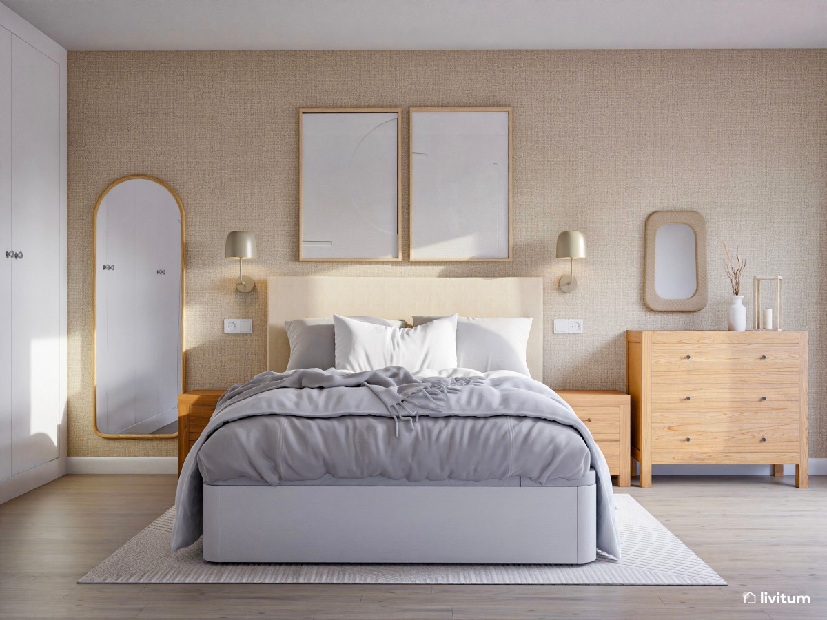 Dormitorio luminoso y elegante con decoración en tonos suaves