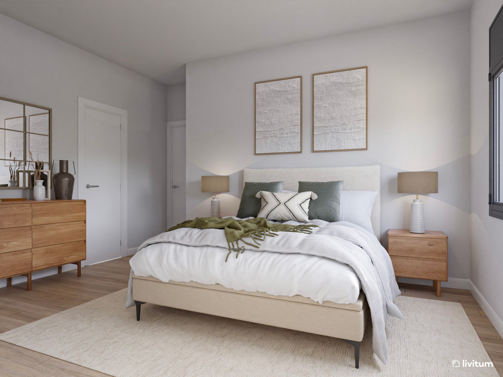 Dormitorio matrimonial con decoración suave y elegante