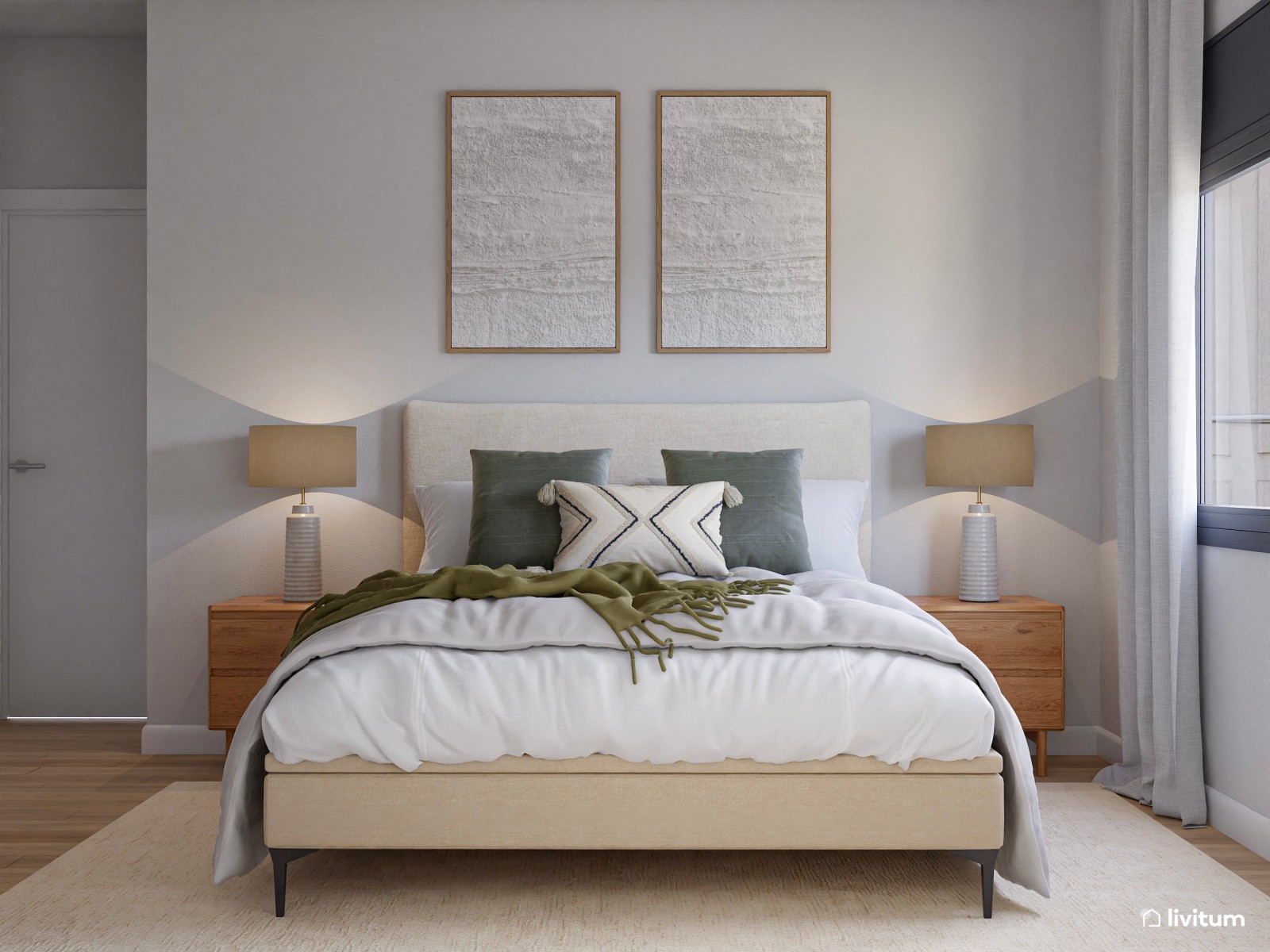 Dormitorio matrimonial con decoración suave y elegante