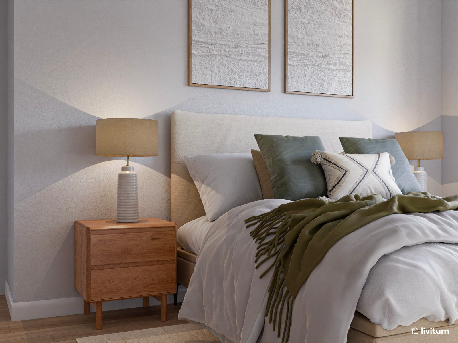 Dormitorio matrimonial con decoración suave y elegante