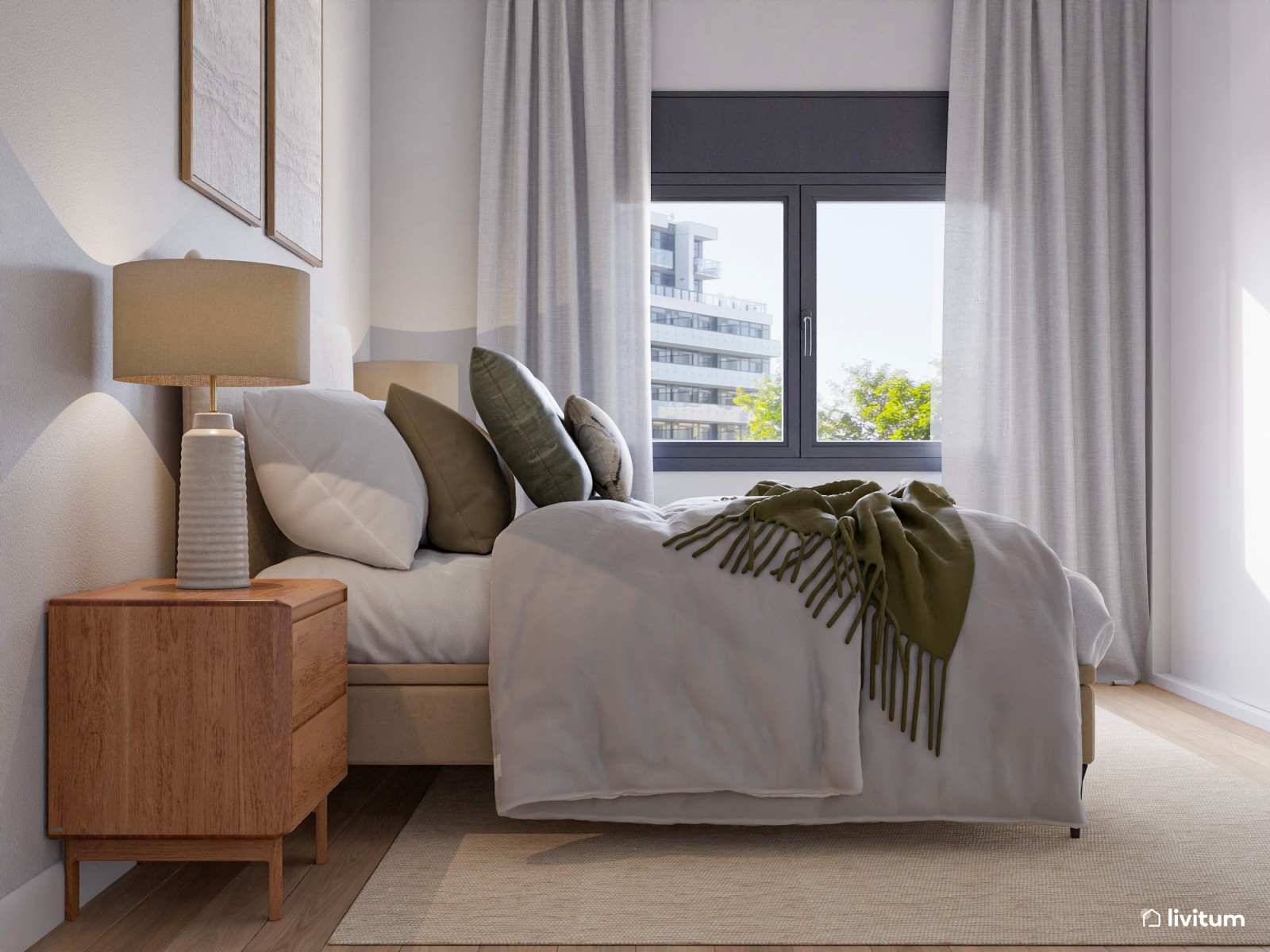 Dormitorio matrimonial con decoración suave y elegante