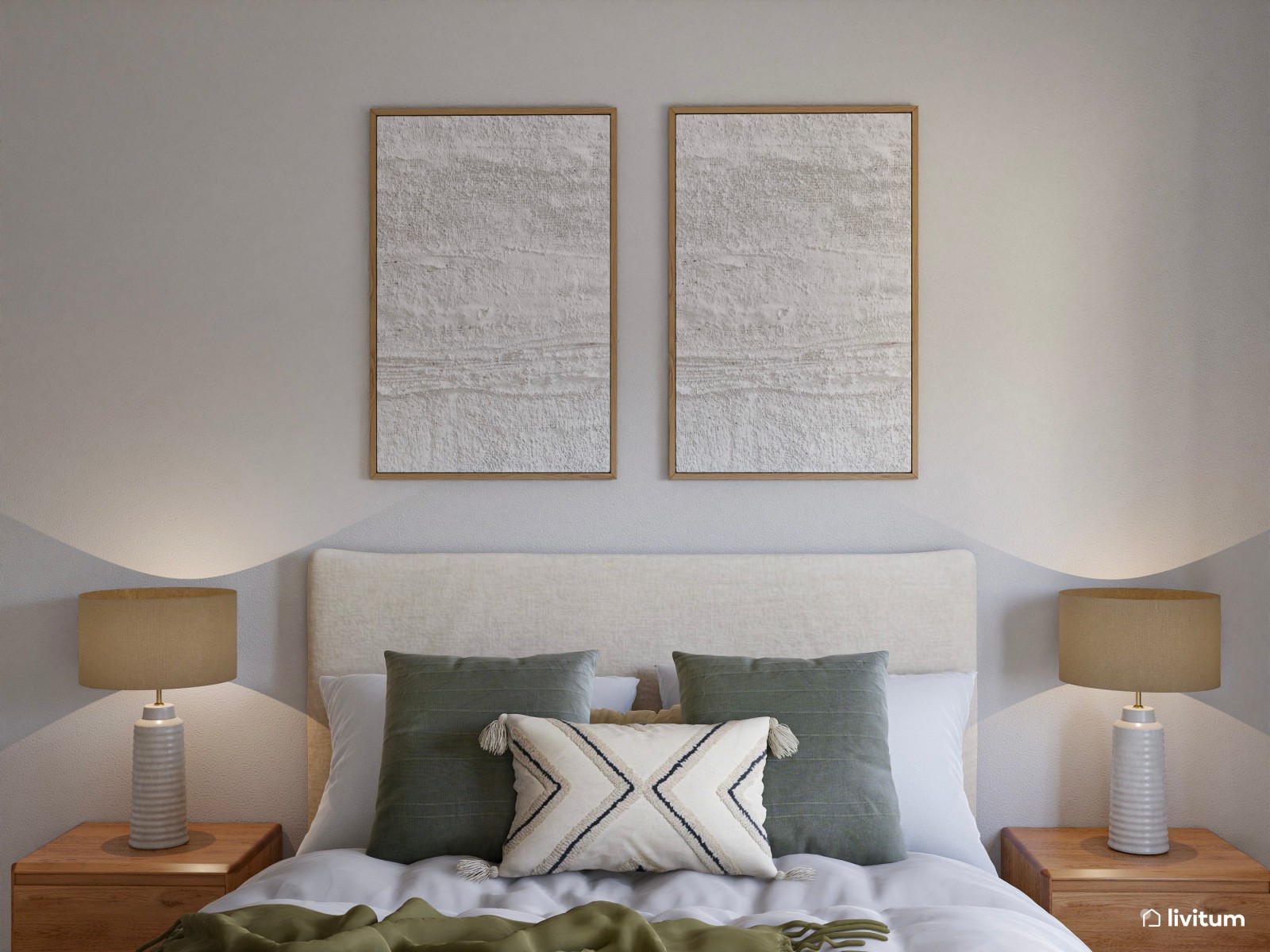 Dormitorio matrimonial con decoración suave y elegante