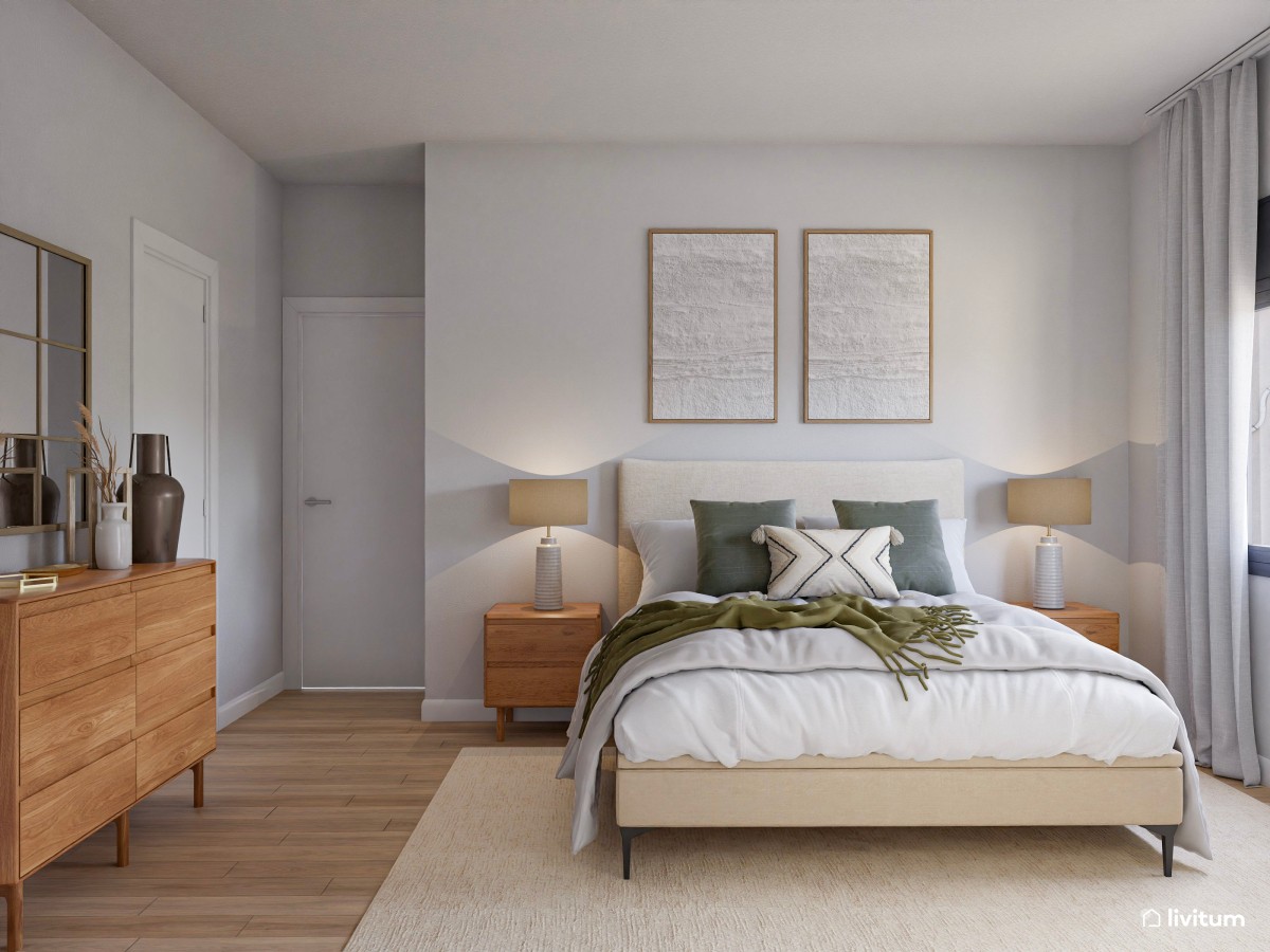 Dormitorio matrimonial con decoración suave y elegante