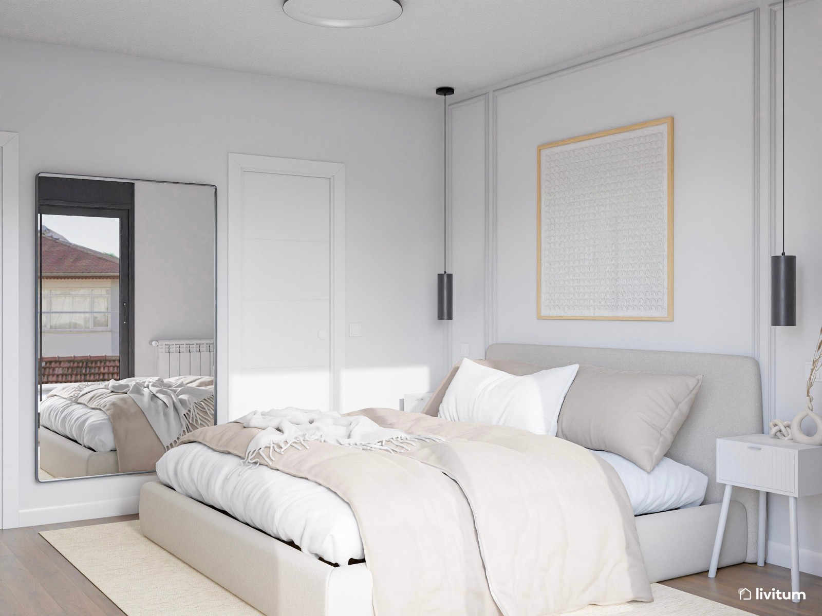 Dormitorio matrimonial de estilo minimalista diseñado en tonos claros