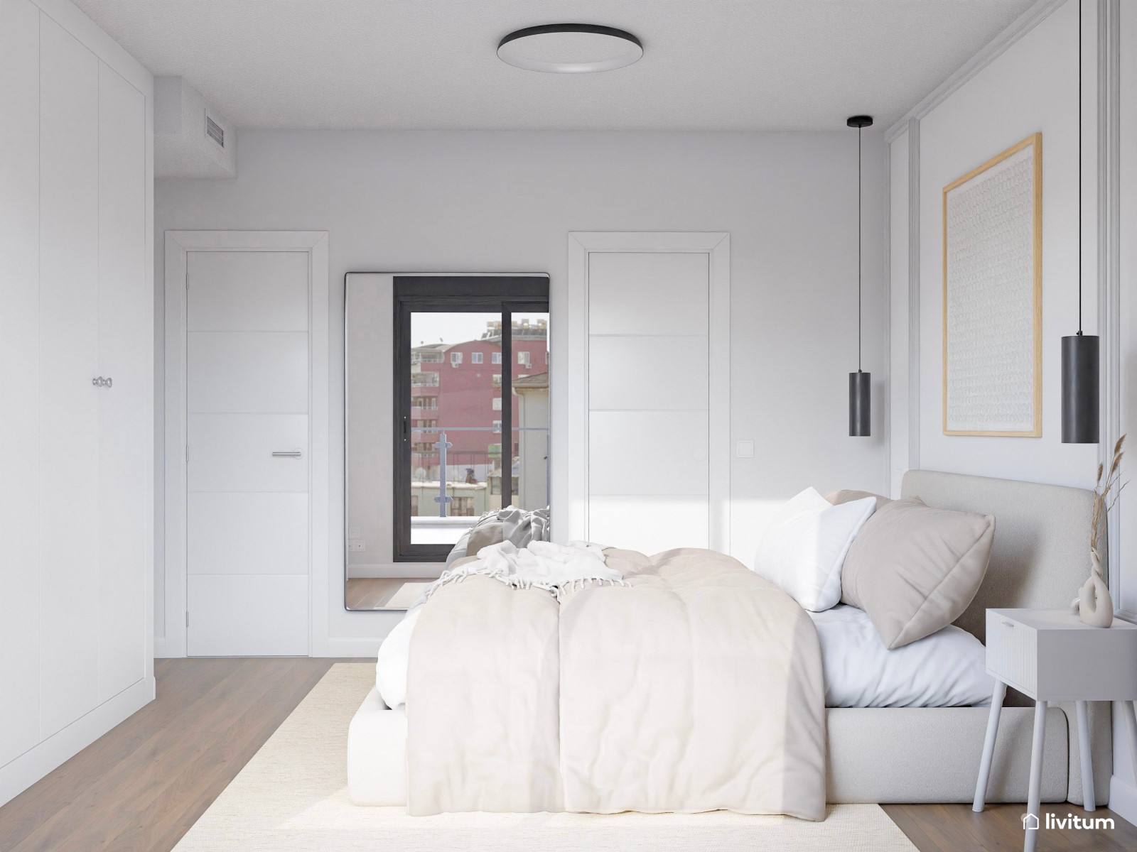 Dormitorio matrimonial de estilo minimalista diseñado en tonos claros