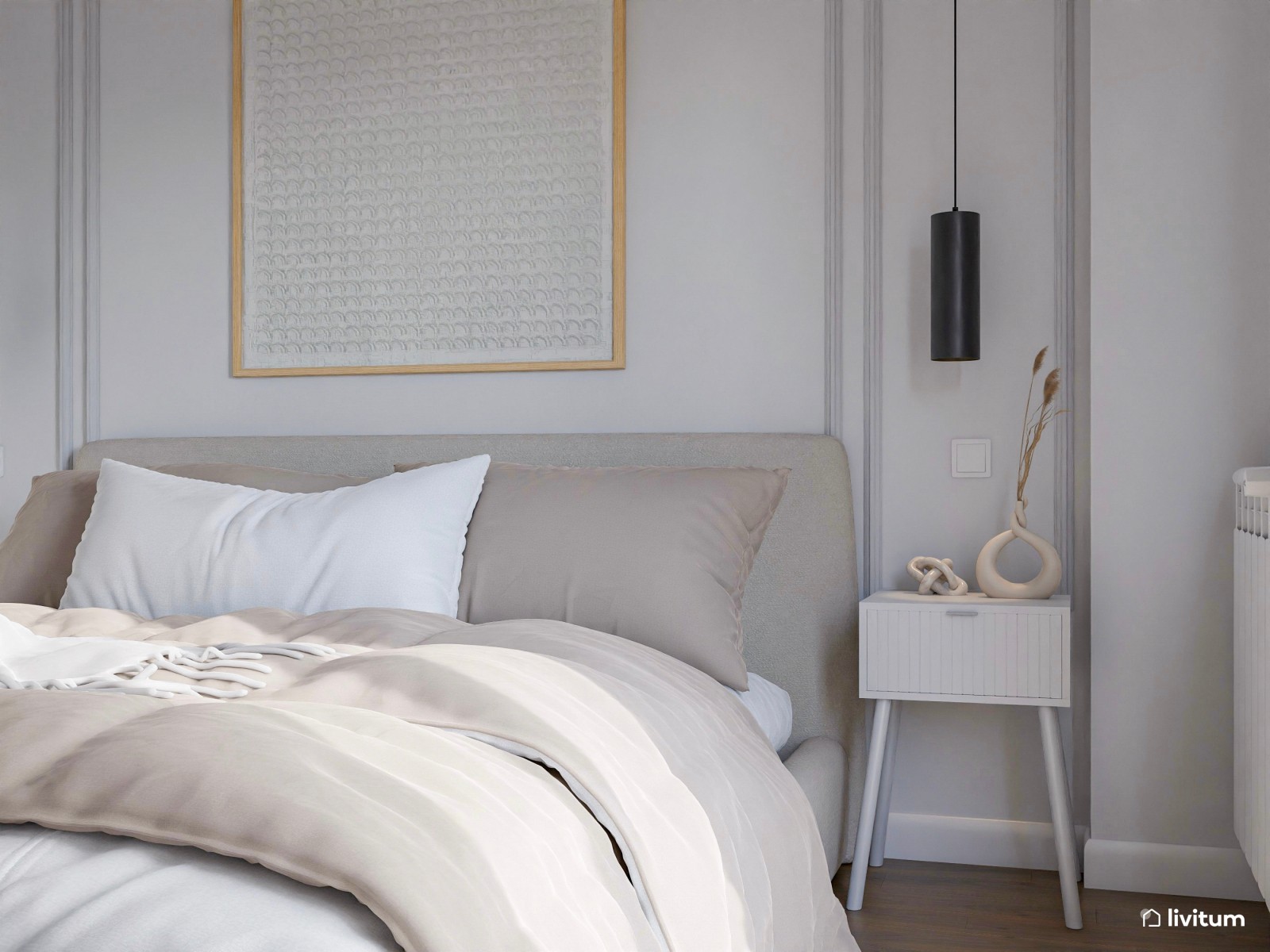 Dormitorio matrimonial de estilo minimalista diseñado en tonos claros