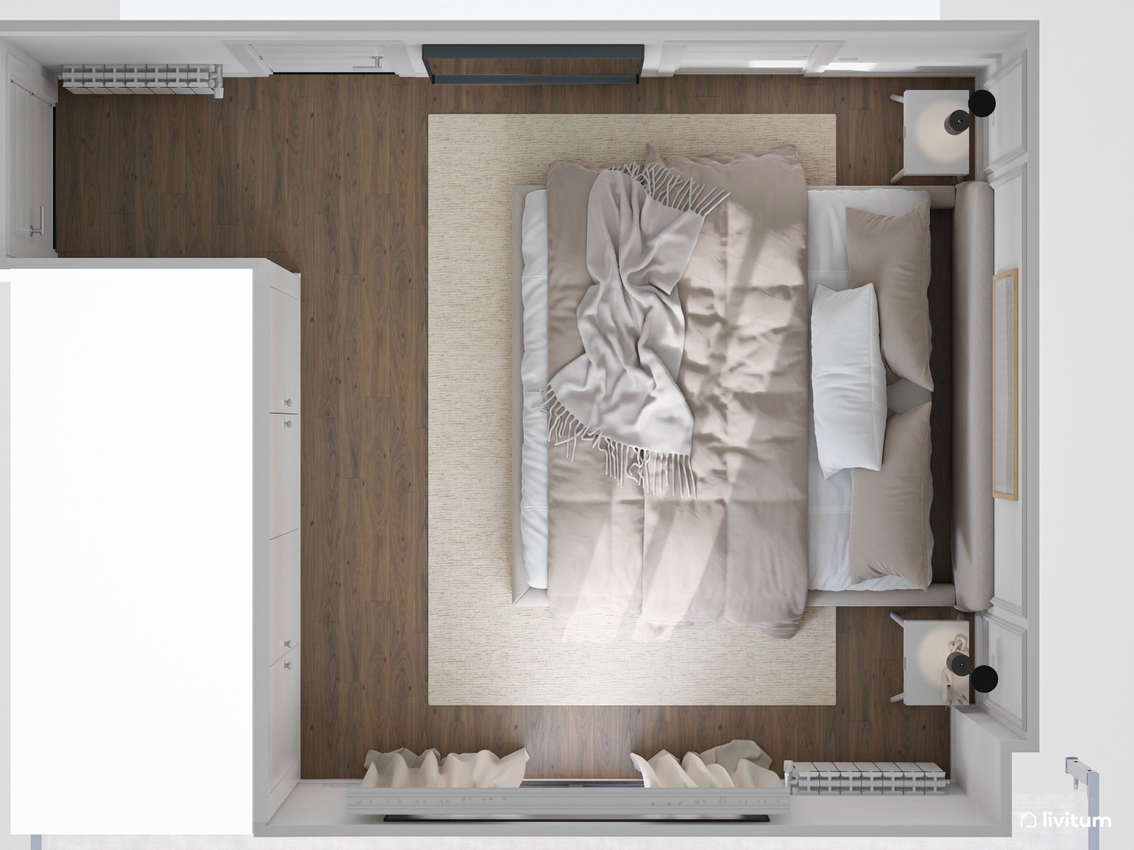 Dormitorio matrimonial de estilo minimalista diseñado en tonos claros