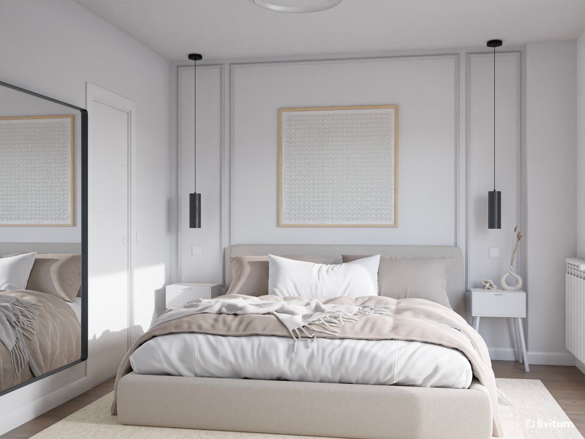 Dormitorio matrimonial de estilo minimalista diseñado en tonos claros