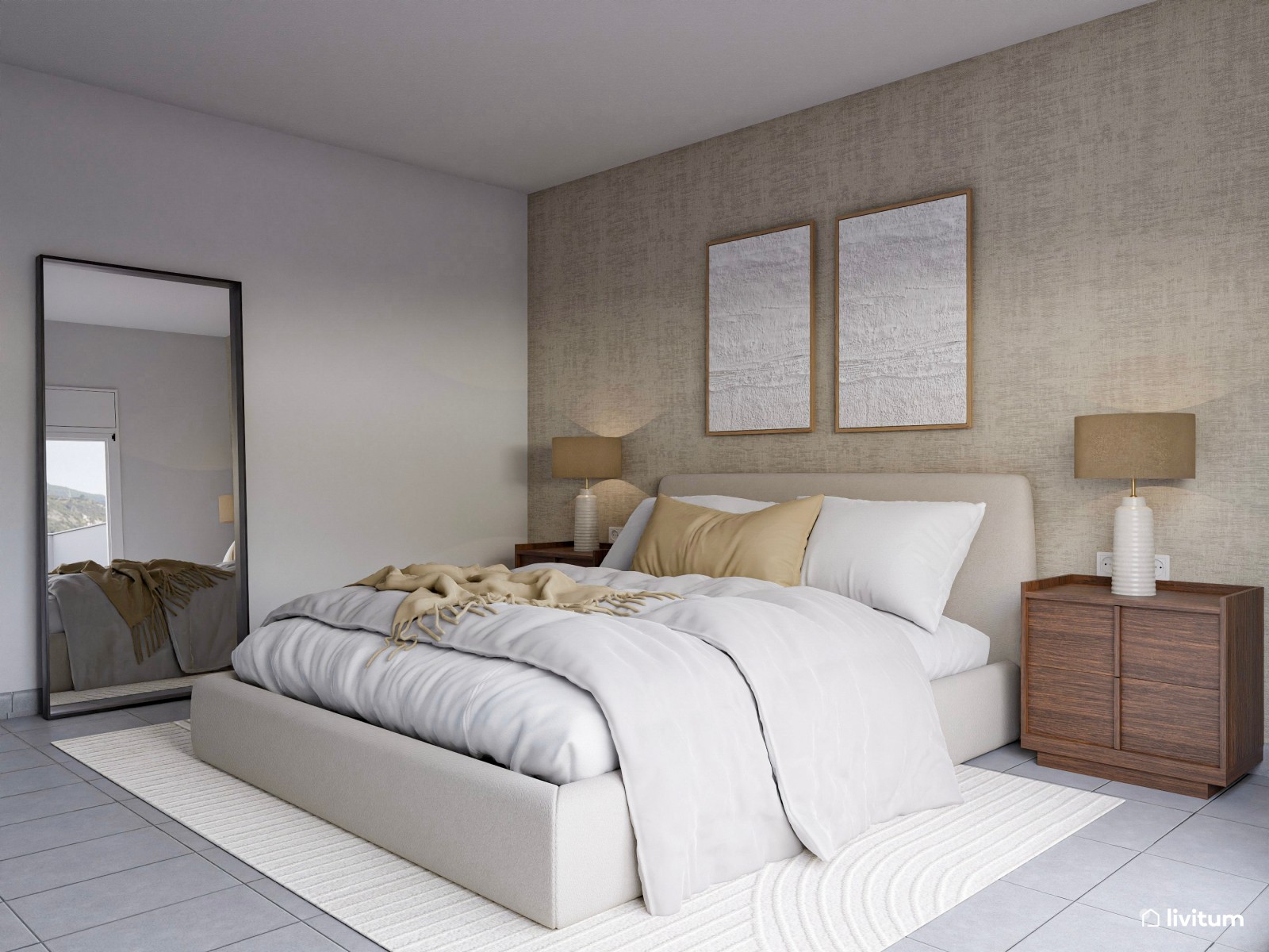Dormitorio matrimonial elegante con texturas y madera oscura