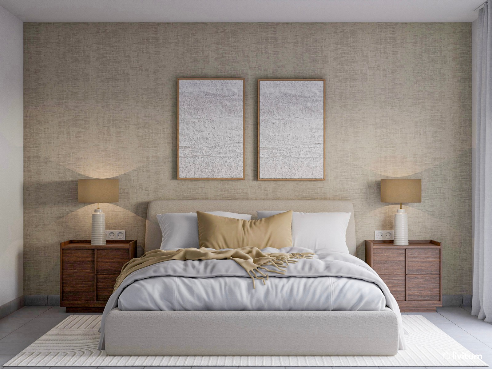 Dormitorio matrimonial elegante con texturas y madera oscura