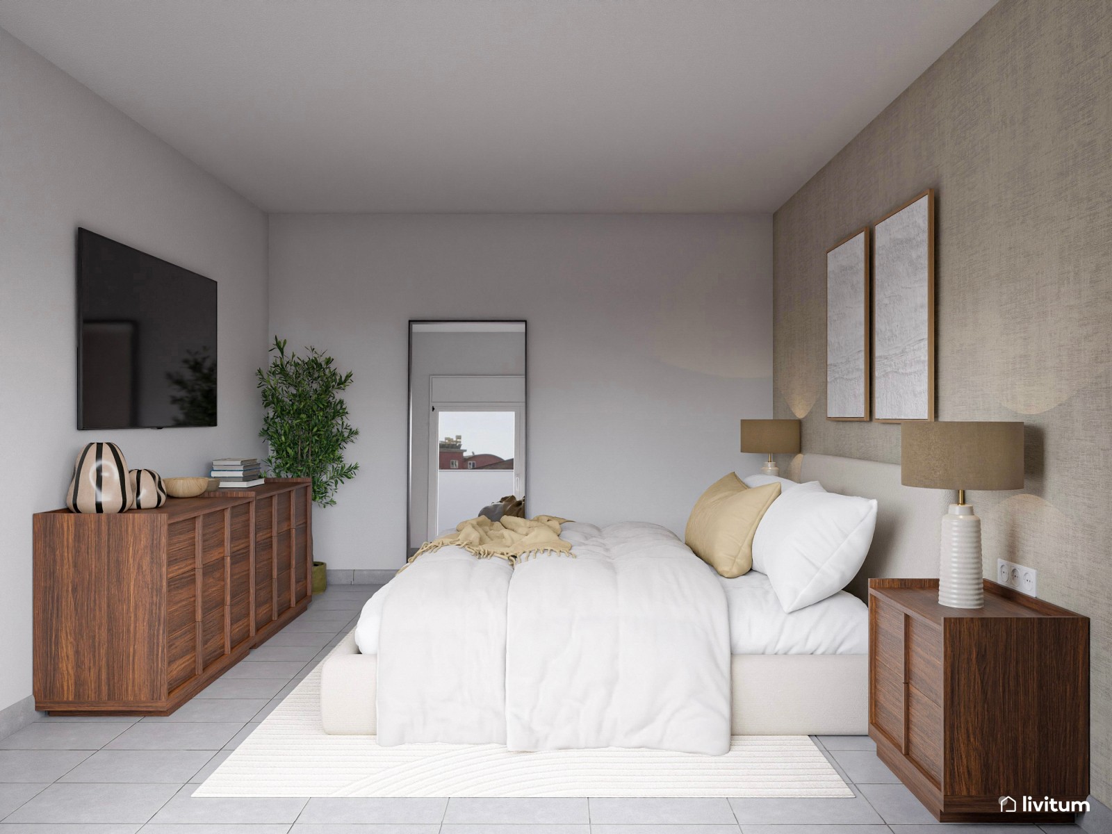 Dormitorio matrimonial elegante con texturas y madera oscura